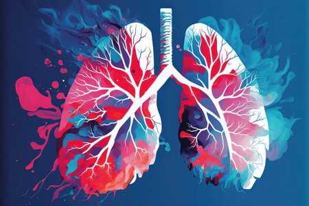 Abstract image uses bold, contrasting colors to represent the complex and challenging nature of lung cancer. The image features a stylized representation of the respiratory system, with a focus on the lung itself. Shades of blue and white are used to symbolize the healthy lung, while pops of bright pink or red represent the diseaseの写真素材