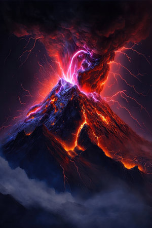 The explosive moment when a massive volcano erupts, sending a plume of ash and smoke high into the sky. Lava can be seen flowing down from the top of the volcano, cascading down its slopes and leaving behind a trail of molten rock and ash.の写真素材
