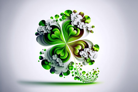 an abstract white background with scattered four-leaf clovers in various shades of green. The four-leaf clover is a symbol of luck and is often associated with St. Patrick's Day, a holiday celebrated in Ireland and by many around the world.の写真素材