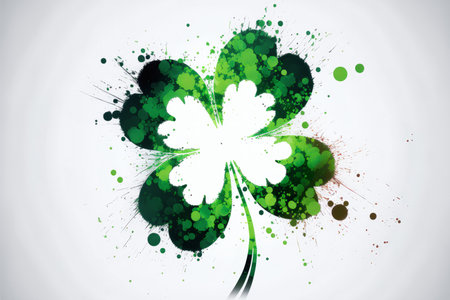 an abstract white background with scattered four-leaf clovers in various shades of green. The four-leaf clover is a symbol of luck and is often associated with St. Patrick's Day, a holiday celebrated in Ireland and by many around the world.の写真素材