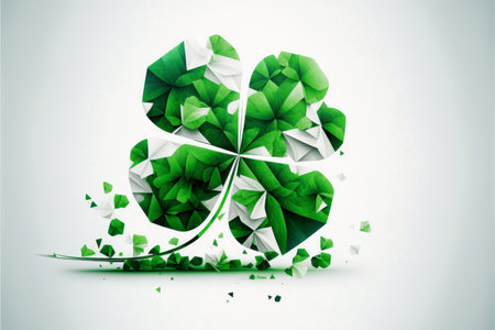 an abstract white background with scattered four-leaf clovers in various shades of green. The four-leaf clover is a symbol of luck and is often associated with St. Patrick's Day, a holiday celebrated in Ireland and by many around the world.の写真素材