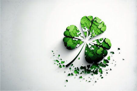 an abstract white background with scattered four-leaf clovers in various shades of green. The four-leaf clover is a symbol of luck and is often associated with St. Patrick's Day, a holiday celebrated in Ireland and by many around the world.の写真素材