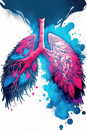 Abstract image uses bold, contrasting colors to represent the complex and challenging nature of lung cancer. The image features a stylized representation of the respiratory system, with a focus on the lung itself. Shades of blue and white are used to symbolize the healthy lung, while pops of bright pink or red represent the diseaseの写真素材