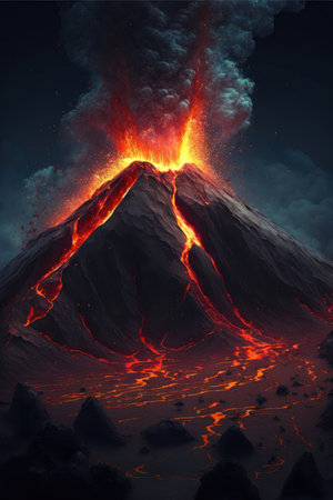 The explosive moment when a massive volcano erupts, sending a plume of ash and smoke high into the sky. Lava can be seen flowing down from the top of the volcano, cascading down its slopes and leaving behind a trail of molten rock and ash.の写真素材