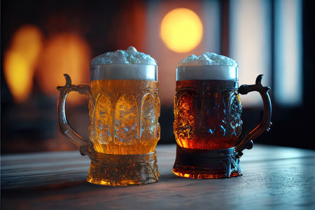 the simple joy of enjoying a cold beer with a friend. Two frosted beer mugs sit on a wooden bar, condensation dripping down the sides in anticipation of the refreshing beverage inside.の素材