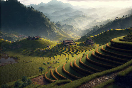 Stunning landscape of Mu Cang Chai in Yenbai, Northern Vietnam. The terraced rice paddies extend as far as the eye can see, forming a tapestry of vibrant green hues that contrast beautifully with the deep blue skies. The intricate terracing of the fields is a testament to the ingenuity and hard work of the local farmers who have shaped the land over generations.の素材