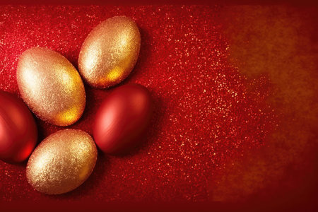 a beautiful and festive Easter egg with a glittering, speckled surface, set against a background of open space. The egg is the focal point of the image, and its bright colors and shimmering surface capture the essence of the spring holiday.の素材