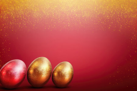 a beautiful and festive Easter egg with a glittering, speckled surface, set against a background of open space. The egg is the focal point of the image, and its bright colors and shimmering surface capture the essence of the spring holiday.の素材