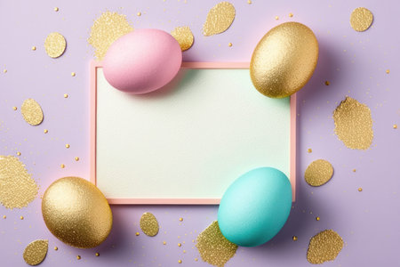 a beautiful and festive Easter egg with a glittering, speckled surface, set against a background of open space. The egg is the focal point of the image, and its bright colors and shimmering surface capture the essence of the spring holiday.の素材