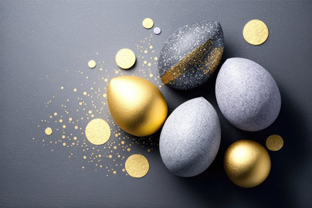 a beautiful and festive Easter egg with a glittering, speckled surface, set against a background of open space. The egg is the focal point of the image, and its bright colors and shimmering surface capture the essence of the spring holiday.の素材