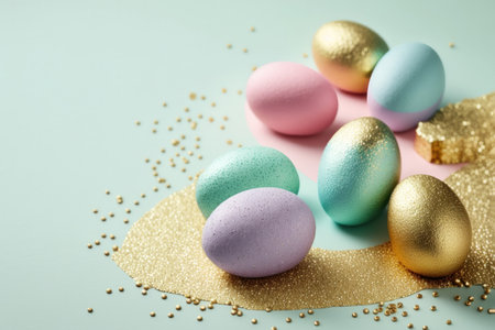 a beautiful and festive Easter egg with a glittering, speckled surface, set against a background of open space. The egg is the focal point of the image, and its bright colors and shimmering surface capture the essence of the spring holiday.の素材