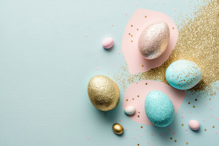 a beautiful and festive Easter egg with a glittering, speckled surface, set against a background of open space. The egg is the focal point of the image, and its bright colors and shimmering surface capture the essence of the spring holiday.の素材