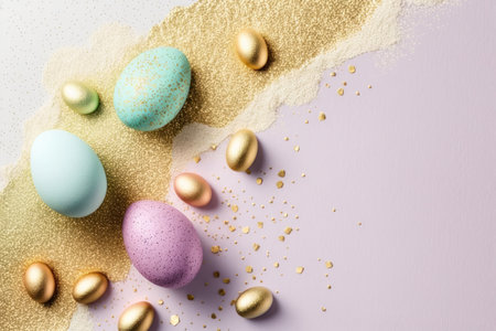 a beautiful and festive Easter egg with a glittering, speckled surface, set against a background of open space. The egg is the focal point of the image, and its bright colors and shimmering surface capture the essence of the spring holiday.の素材