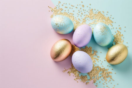 a beautiful and festive Easter egg with a glittering, speckled surface, set against a background of open space. The egg is the focal point of the image, and its bright colors and shimmering surface capture the essence of the spring holiday.の素材
