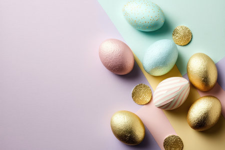 a beautiful and festive Easter egg with a glittering, speckled surface, set against a background of open space. The egg is the focal point of the image, and its bright colors and shimmering surface capture the essence of the spring holiday.の素材