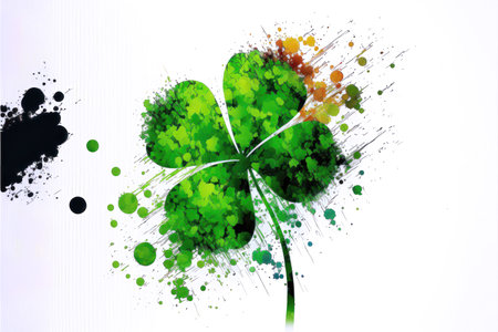 an abstract white background with scattered four-leaf clovers in various shades of green. The four-leaf clover is a symbol of luck and is often associated with St. Patrick's Day, a holiday celebrated in Ireland and by many around the world.の素材