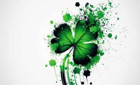 an abstract white background with scattered four-leaf clovers in various shades of green. The four-leaf clover is a symbol of luck and is often associated with St. Patrick's Day, a holiday celebrated in Ireland and by many around the world.の素材
