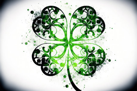 an abstract white background with scattered four-leaf clovers in various shades of green. The four-leaf clover is a symbol of luck and is often associated with St. Patrick's Day, a holiday celebrated in Ireland and by many around the world.の素材