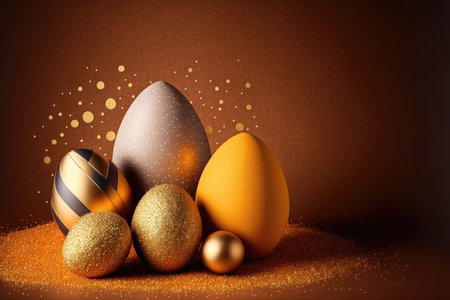 a beautiful and festive Easter egg with a glittering, speckled surface, set against a background of open space. The egg is the focal point of the image, and its bright colors and shimmering surface capture the essence of the spring holiday.の素材