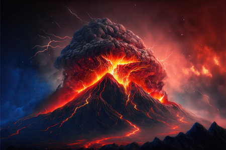 The explosive moment when a massive volcano erupts, sending a plume of ash and smoke high into the sky. Lava can be seen flowing down from the top of the volcano, cascading down its slopes and leaving behind a trail of molten rock and ash.の素材