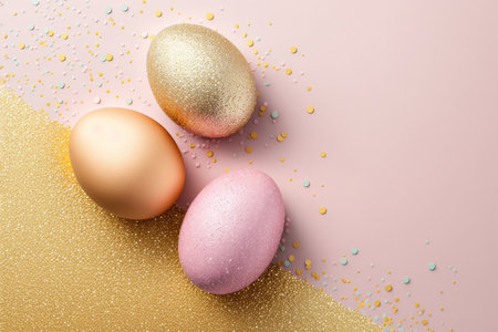 a beautiful and festive Easter egg with a glittering, speckled surface, set against a background of open space. The egg is the focal point of the image, and its bright colors and shimmering surface capture the essence of the spring holiday.の素材