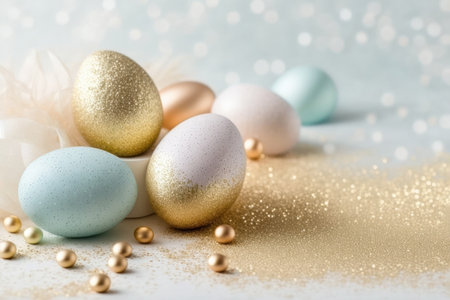 a beautiful and festive Easter egg with a glittering, speckled surface, set against a background of open space. The egg is the focal point of the image, and its bright colors and shimmering surface capture the essence of the spring holiday.の素材