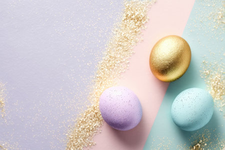 a beautiful and festive Easter egg with a glittering, speckled surface, set against a background of open space. The egg is the focal point of the image, and its bright colors and shimmering surface capture the essence of the spring holiday.の素材