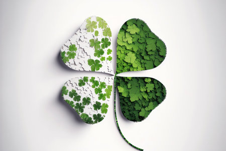 an abstract white background with scattered four-leaf clovers in various shades of green. The four-leaf clover is a symbol of luck and is often associated with St. Patrick's Day, a holiday celebrated in Ireland and by many around the world.の素材