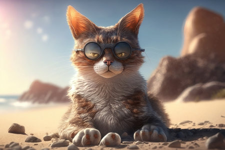 a humorous and playful depiction of a cat enjoying a day at the beach. The cat is wearing sunglasses and reclining on a colorful beach towel, with its paw stretched out in a relaxed manner.の素材