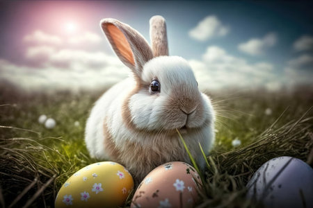 a beautiful and festive Easter egg with a glittering, speckled surface, set against a background of open space. The egg is the focal point of the image, and its bright colors and shimmering surface capture the essence of the spring holiday.の素材