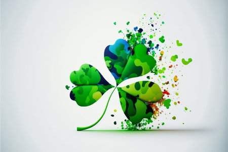 an abstract white background with scattered four-leaf clovers in various shades of green. The four-leaf clover is a symbol of luck and is often associated with St. Patrick's Day, a holiday celebrated in Ireland and by many around the world.の素材
