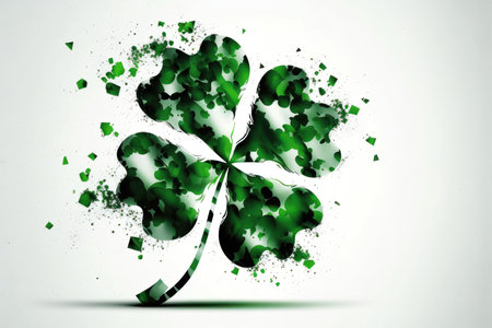 an abstract white background with scattered four-leaf clovers in various shades of green. The four-leaf clover is a symbol of luck and is often associated with St. Patrick's Day, a holiday celebrated in Ireland and by many around the world.の素材