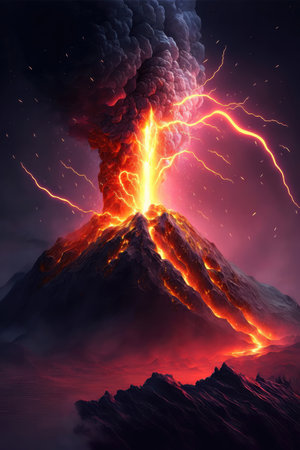 The explosive moment when a massive volcano erupts, sending a plume of ash and smoke high into the sky. Lava can be seen flowing down from the top of the volcano, cascading down its slopes and leaving behind a trail of molten rock and ash.の素材