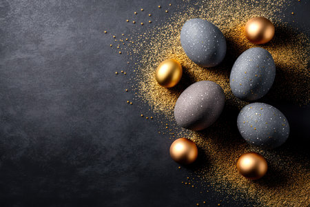 a beautiful and festive Easter egg with a glittering, speckled surface, set against a background of open space. The egg is the focal point of the image, and its bright colors and shimmering surface capture the essence of the spring holiday.の素材