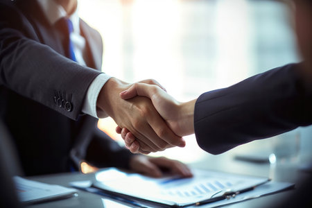 two business people shaking hands, signifying a successful business deal or partnership. The individuals are dressed in professional attire and are standing in front of a neutral background.の写真素材