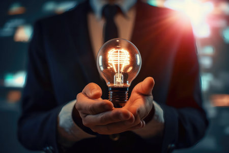 A businessman holding a glowing lightbulb in his hand. concept of using education and learning to enhance creative thinking and problem-solving skills in business.の写真素材