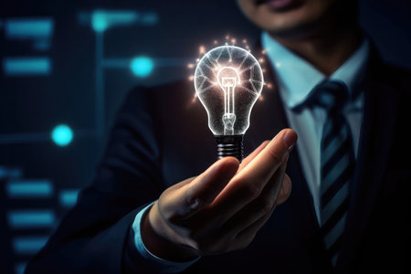 A businessman holding a glowing lightbulb in his hand. concept of using education and learning to enhance creative thinking and problem-solving skills in business.の写真素材