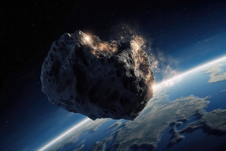 a dramatic scene of an asteroid on a collision course with the Earth, with a satellite crashing into the asteroid in a desperate attempt to divert its trajectory.の写真素材