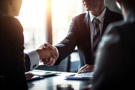 two business people shaking hands, signifying a successful business deal or partnership. The individuals are dressed in professional attire and are standing in front of a neutral background.の写真素材