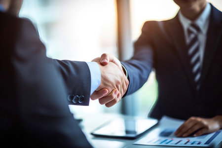 two business people shaking hands, signifying a successful business deal or partnership. The individuals are dressed in professional attire and are standing in front of a neutral background.の写真素材
