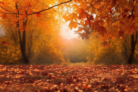 vibrant colors of autumn leaves, set against a background of lush green trees. The leaves are shown in varying shades of yellow, orange, and red, with some leaves still clinging to the trees while others carpet the ground below.の写真素材