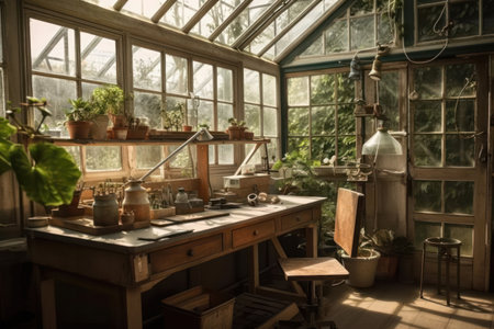 a glass greenhouse in stunning detail, allowing viewers to explore every aspect of this fascinating structure. The use of glass in the construction of the greenhouse allows natural light to flood the interior, highlighting the many plants and flowers growing inside. The level of detail in the image is impressive, with every leaf, stem, and flower petal rendered in intricate detail.の写真素材