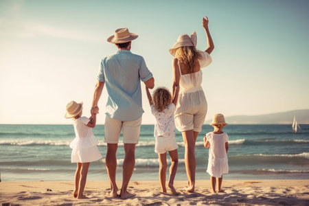 happy family on a summer vacation, seen from behind. They are walking together, with their arms linked, and appear to be enjoying themselves.の写真素材