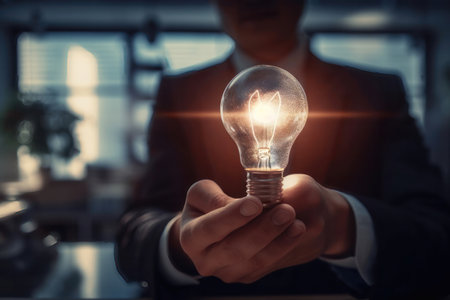 A businessman holding a glowing lightbulb in his hand. concept of using education and learning to enhance creative thinking and problem-solving skills in business.の写真素材
