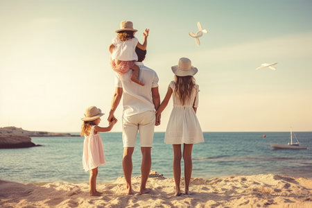 happy family on a summer vacation, seen from behind. They are walking together, with their arms linked, and appear to be enjoying themselves.の写真素材