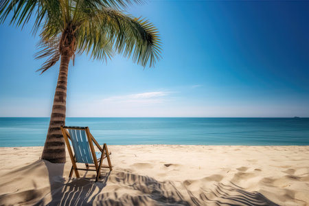 a beach chair placed on a pristine tropical beach, overlooking the clear turquoise waters of the sea. The beach chair is shown in vivid detail, with its bright colors and inviting design inviting the viewer to relax and unwind. The sea beyond is crystal clear, with gentle waves lapping against the shore and palm trees swaying in the breeze.の写真素材