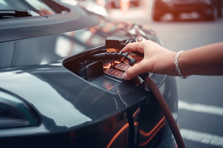 a hand holding a charging cable plugged into a modern electric car battery on a street. The futuristic electric vehicle, which is eco-friendly and emits no pollutants, represents the future of the automobile industry.の写真素材