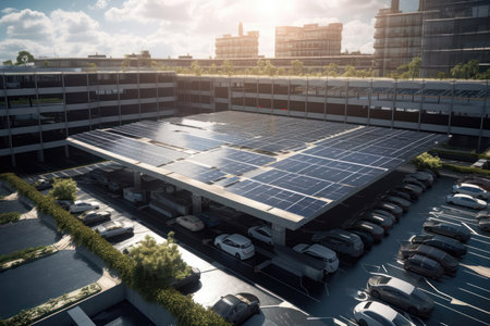 a parking lot with a row of electric car charging stations that are powered by solar panels installed above them. The solar panels absorb sunlight and convert it into electricity, which is then used to charge the electric cars.の写真素材