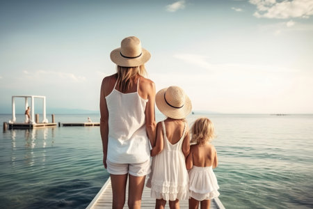 happy family on a summer vacation, seen from behind. They are walking together, with their arms linked, and appear to be enjoying themselves.の写真素材