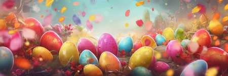 Easter background is a burst of vibrant colors that represent the joy and renewal of the season. The image features a mix of pastel colors such as pink, yellow, and green, along with bright shades of orange and blue.の写真素材